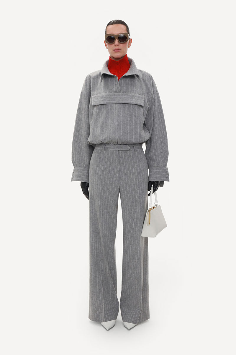 GRAY STRAIGHT-LEG WOOL PINSRIPES TROUSERS