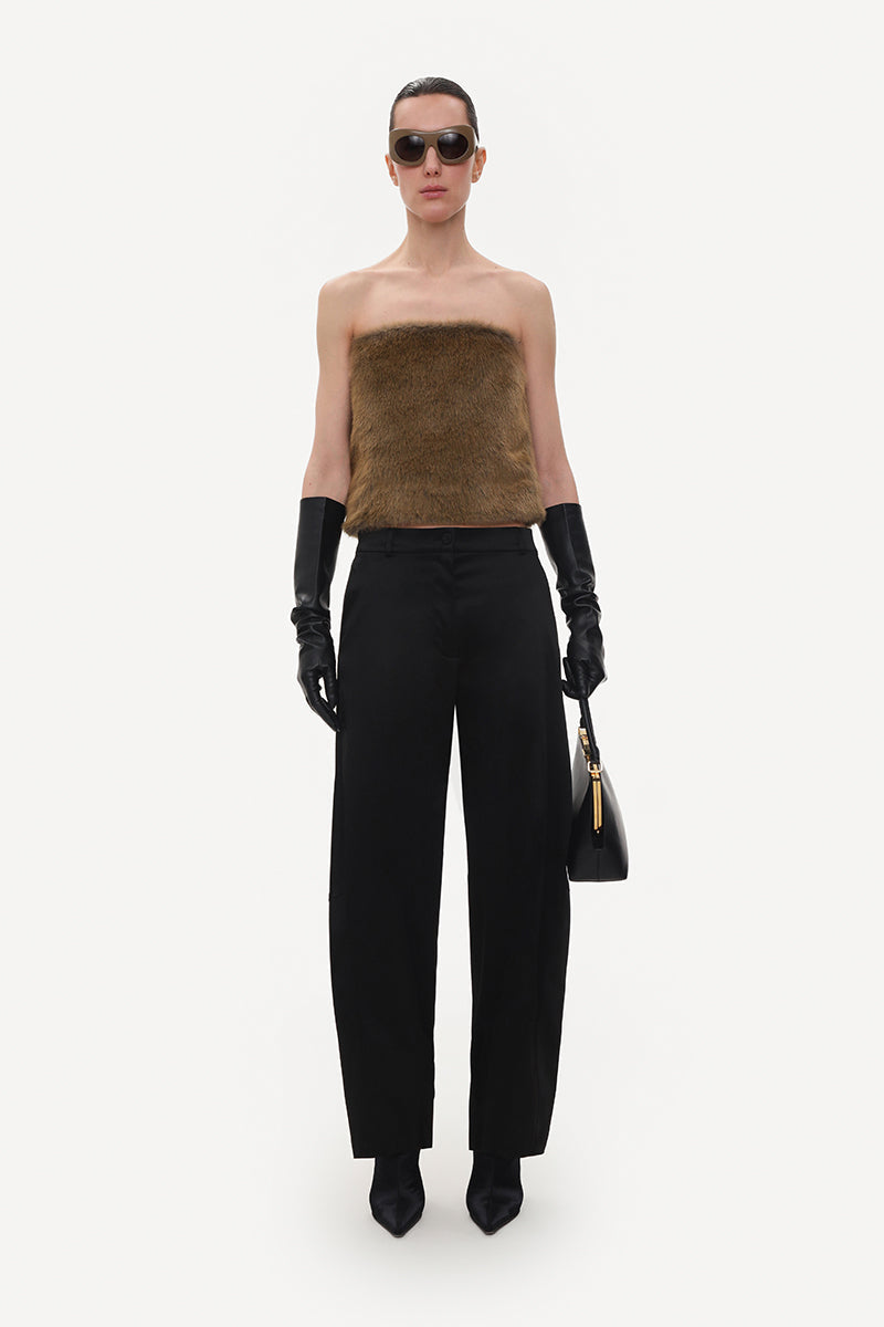 BLACK SATIN BARREL-LEG TROUSERS