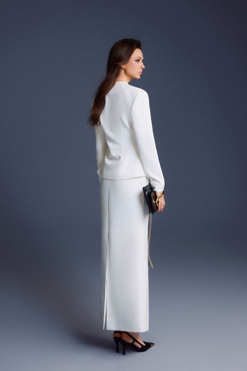 WHITE WAISTBAND MIDI SKIRT