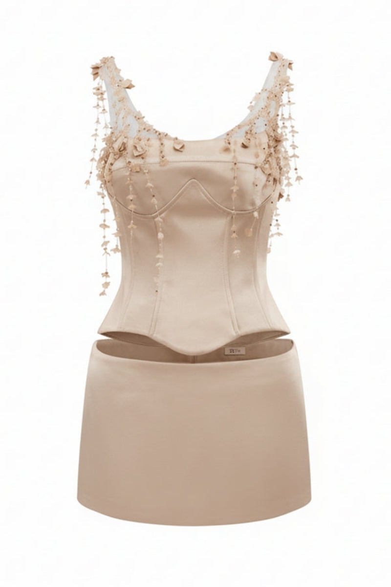 DELILAH SILK TAFFETA TOP AND MARIELLE SKIRT IN BEIGE