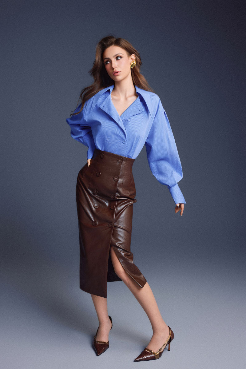 BROWN LEATHER SCULPTED SKIRT
