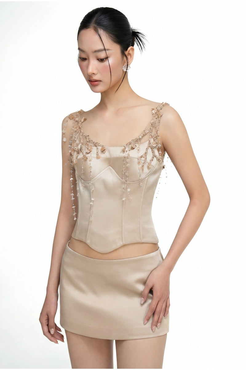 DELILAH SILK TAFFETA TOP AND MARIELLE SKIRT IN BEIGE