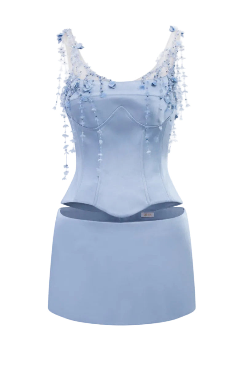 DELILAH SILK TAFFETA TOP AND MARIELLE SKIRT IN LIGHT BLUE