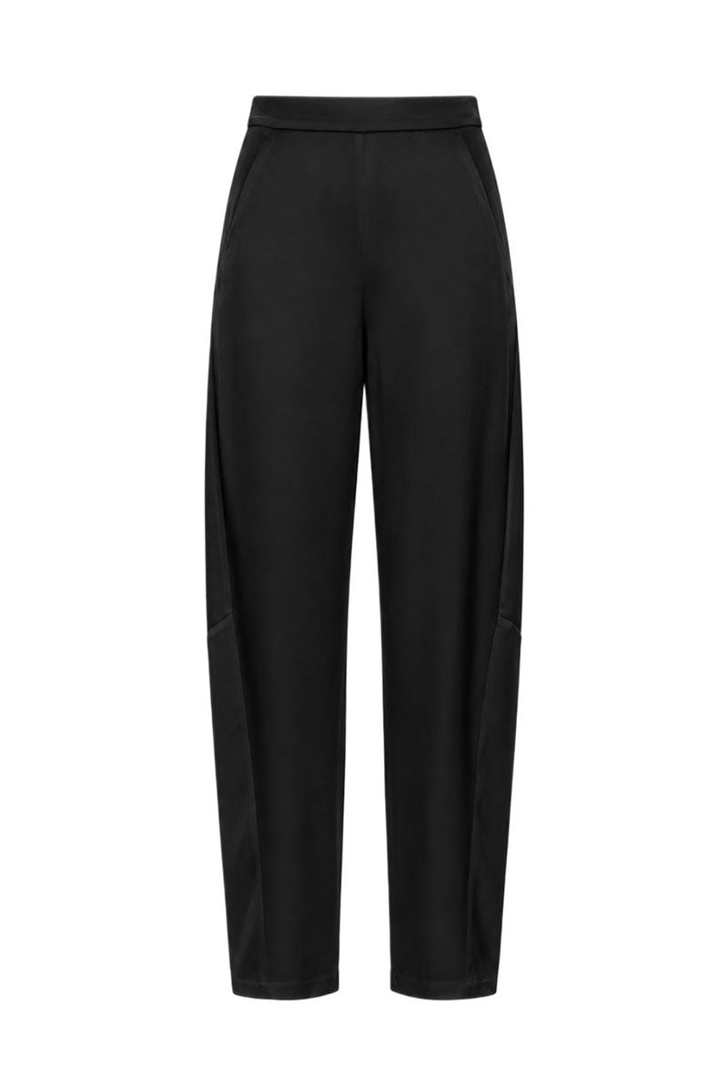 BLACK SATIN BARREL-LEG TROUSERS