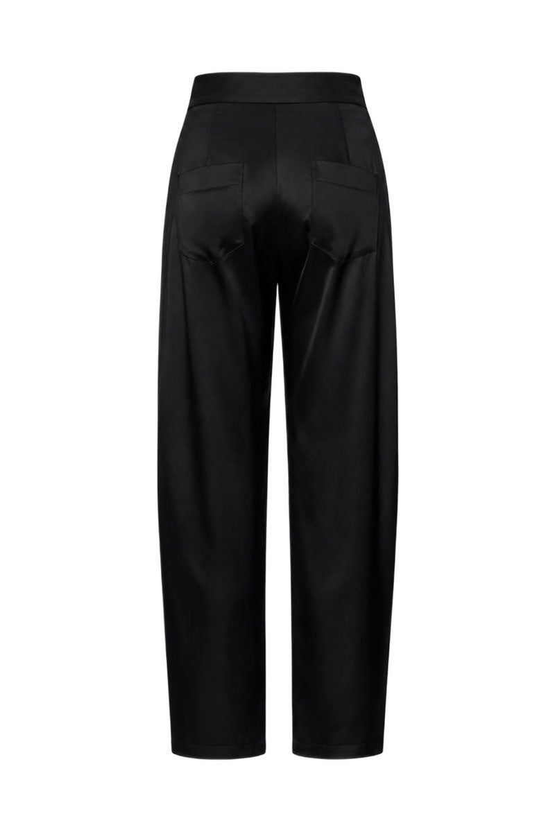 BLACK SATIN BARREL-LEG TROUSERS