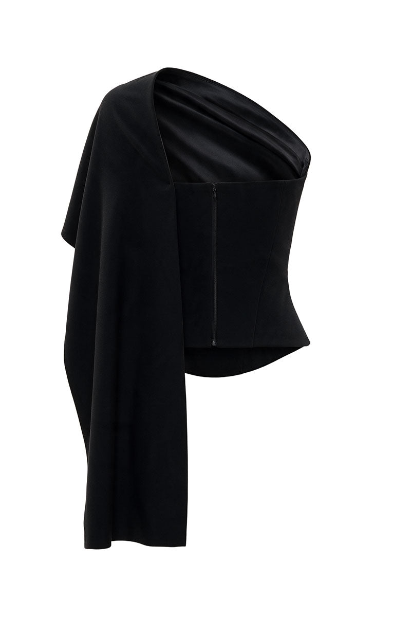 BLACK FITTED WOOL CORSET WITH SILK SCARF