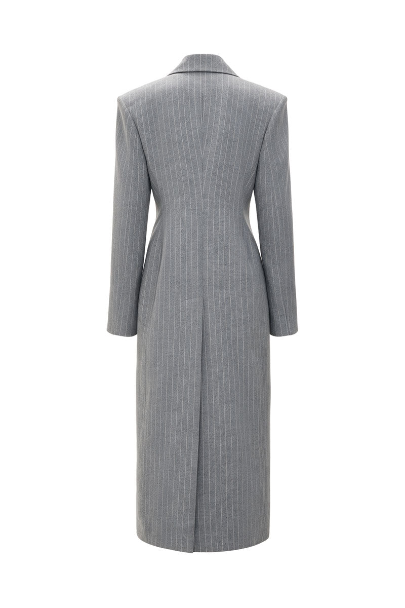 GRAY FITTED PINSTRIPE WOOL MIDI DRESS-JACKET