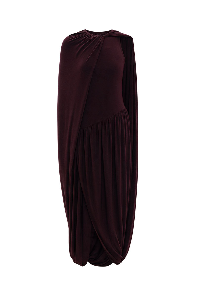 BURGUNDY JERSEY MIDI DRESS WITH CAPE