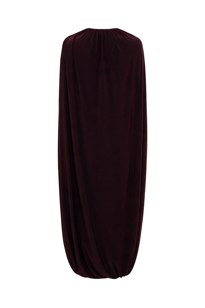 BURGUNDY JERSEY MIDI DRESS WITH CAPE
