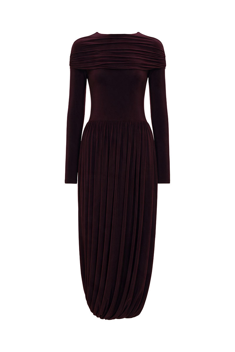 BURGUNDY JERSEY MIDI DRESS WITH SLEEVES