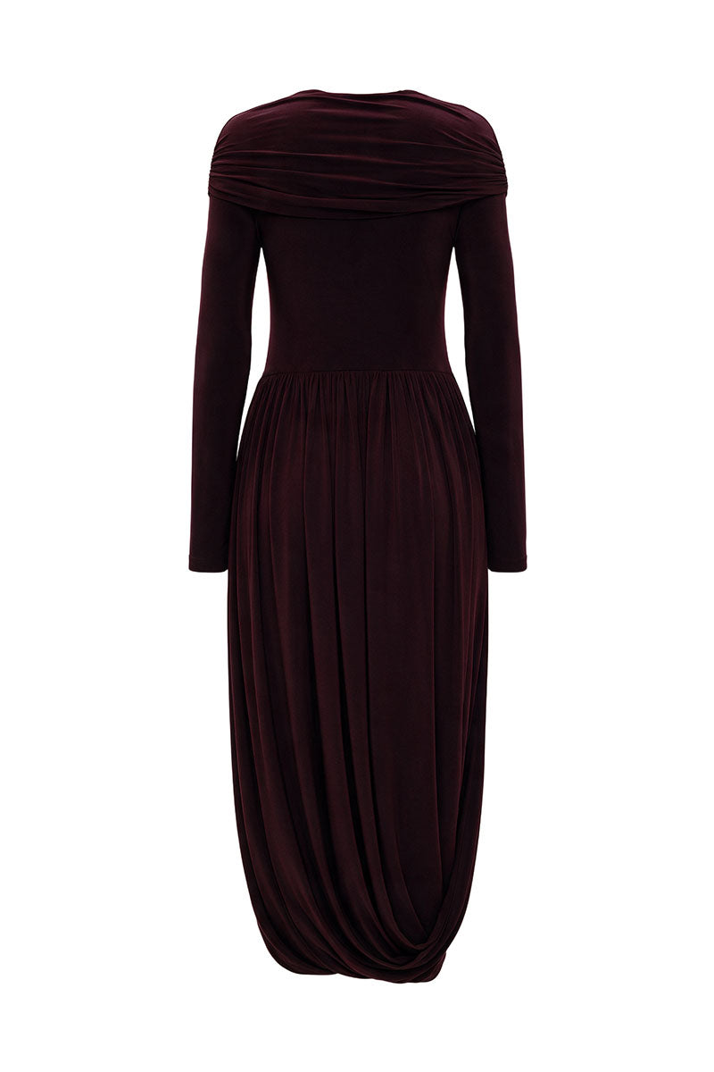 BURGUNDY JERSEY MIDI DRESS WITH SLEEVES