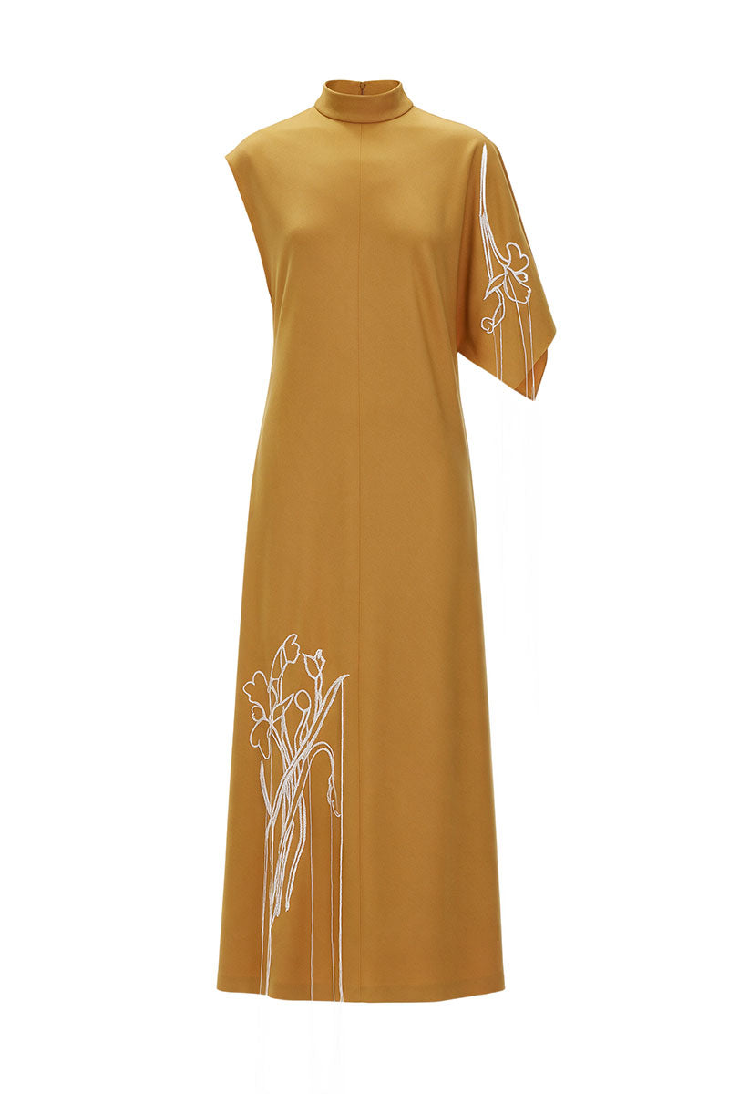 OCHRE ONE-SLEEVE EMBROIDERED WOOL MIDI DRESS