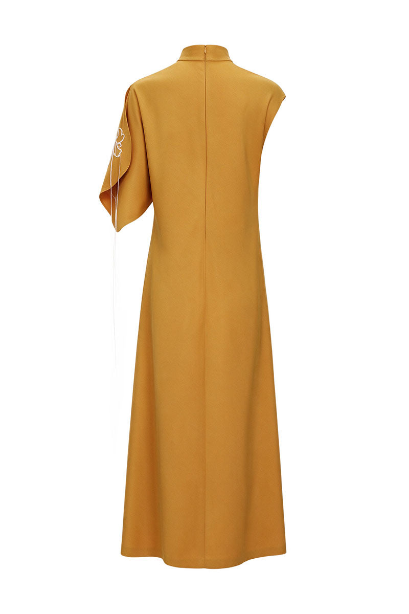OCHRE ONE-SLEEVE EMBROIDERED WOOL MIDI DRESS