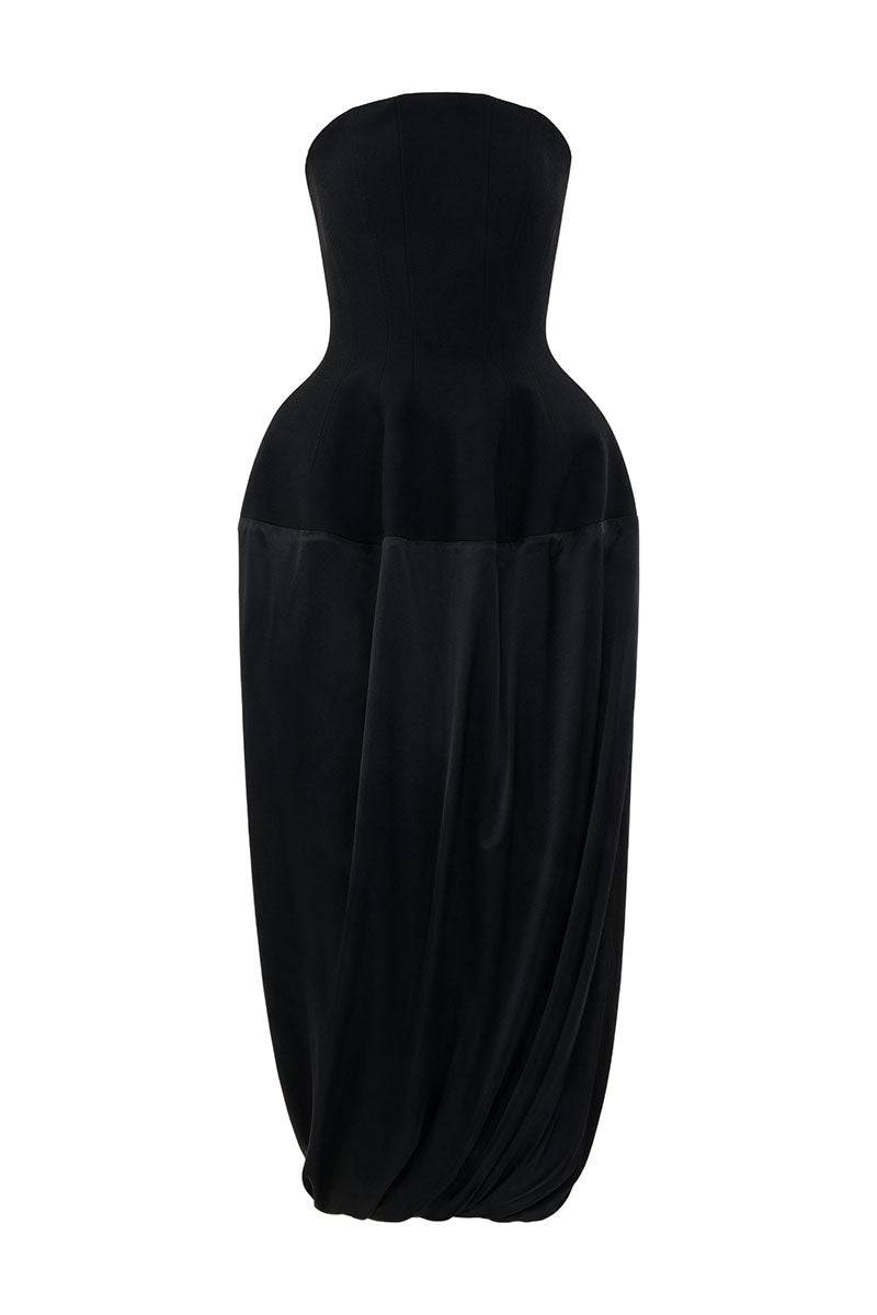 BLACK WOOL BUSTIER MIDI DRESS WITH SILK
SKIRT