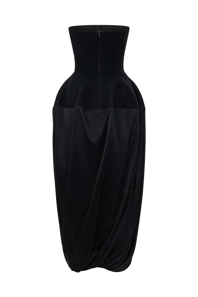 BLACK WOOL BUSTIER MIDI DRESS WITH SILK
SKIRT
