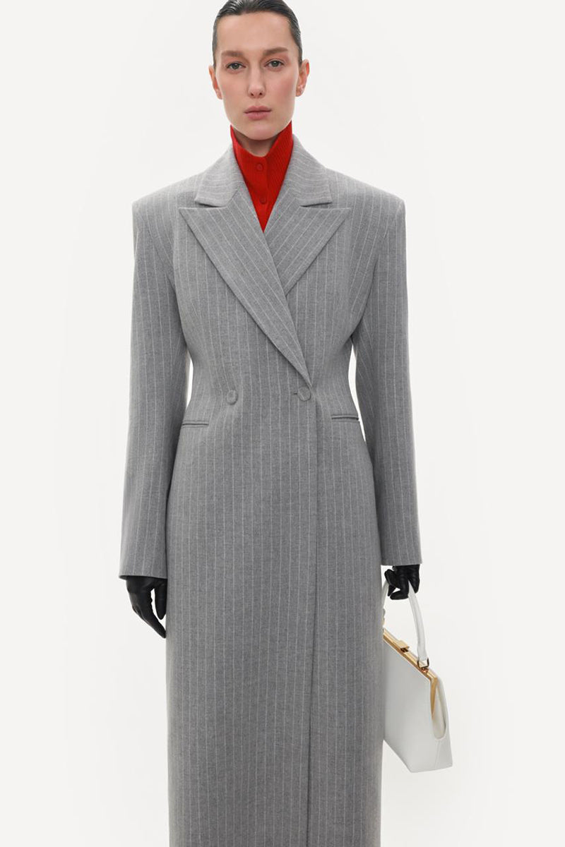 GRAY FITTED PINSTRIPE WOOL MIDI DRESS-JACKET