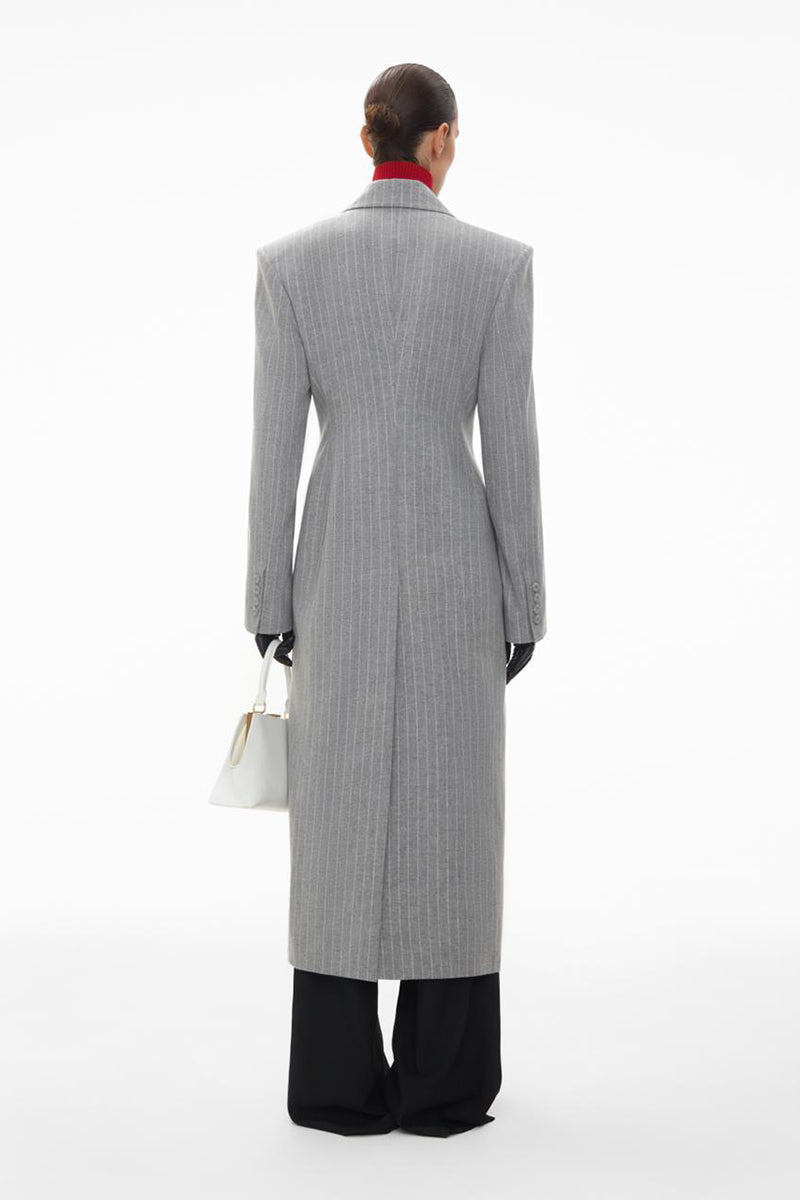 GRAY FITTED PINSTRIPE WOOL MIDI DRESS-JACKET