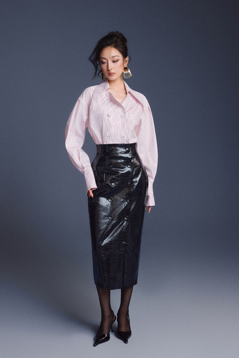 BLACK LEATHER SCULPTED SKIRT