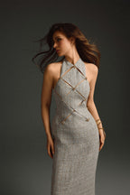 GOLD CHECKERED CUT-OUT DRESS