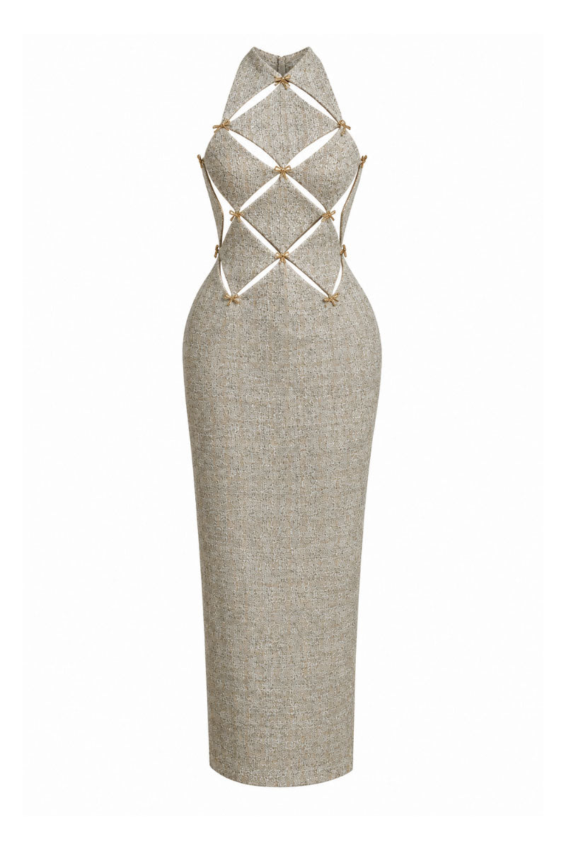 GOLD CHECKERED CUT-OUT DRESS