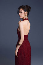 WINE RED CHECKERED CUT-OUT DRESS