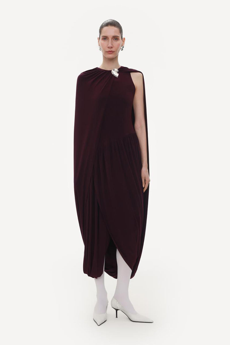 BURGUNDY JERSEY MIDI DRESS WITH CAPE