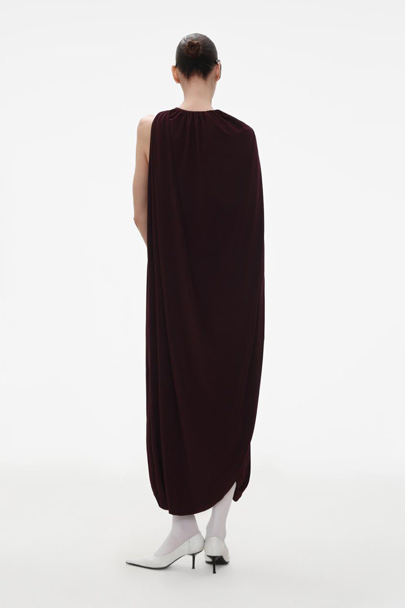 BURGUNDY JERSEY MIDI DRESS WITH CAPE
