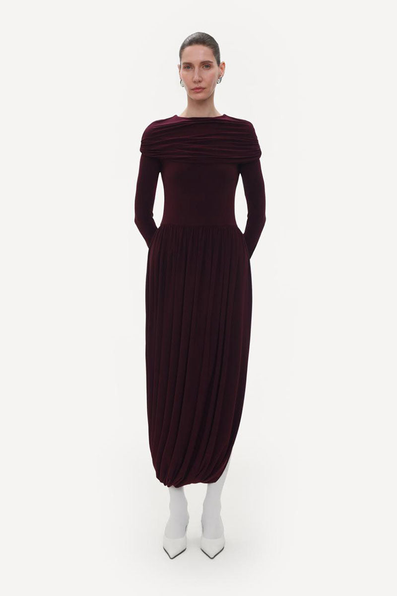 BURGUNDY JERSEY MIDI DRESS WITH SLEEVES