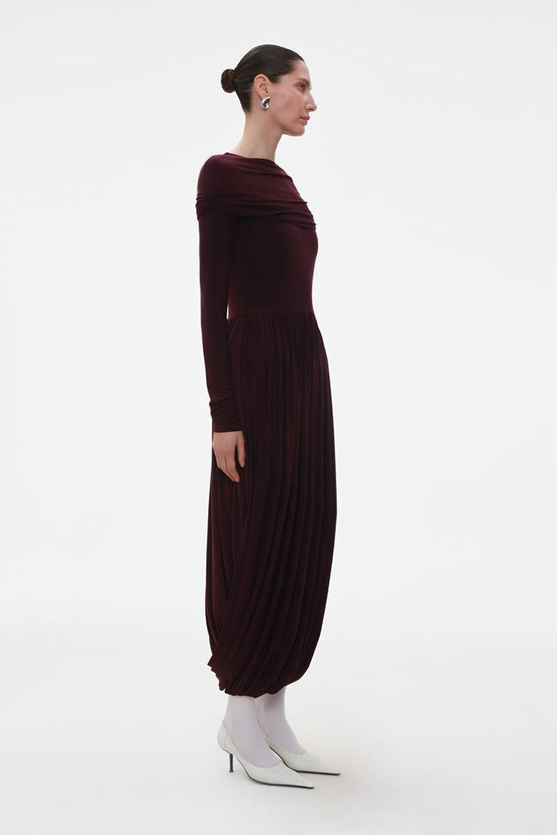 BURGUNDY JERSEY MIDI DRESS WITH SLEEVES