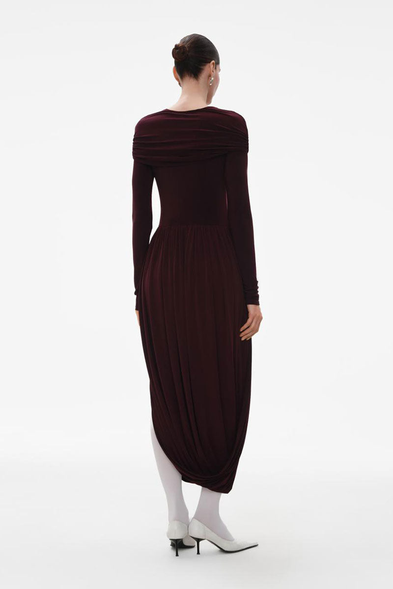 BURGUNDY JERSEY MIDI DRESS WITH SLEEVES