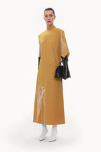 OCHRE ONE-SLEEVE EMBROIDERED WOOL MIDI DRESS