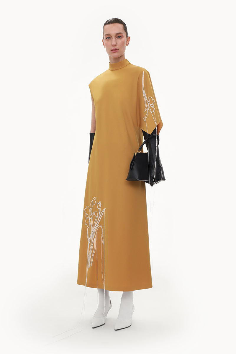 OCHRE ONE-SLEEVE EMBROIDERED WOOL MIDI DRESS