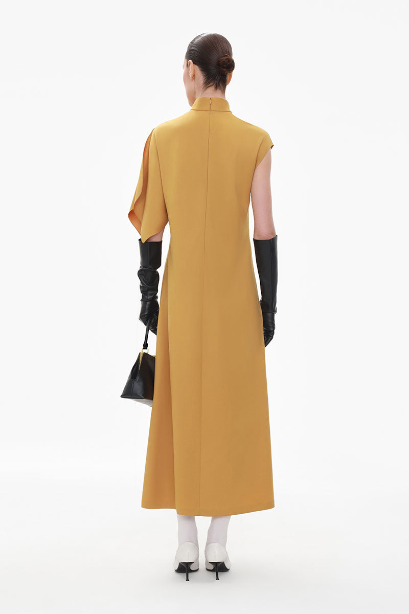 OCHRE ONE-SLEEVE EMBROIDERED WOOL MIDI DRESS