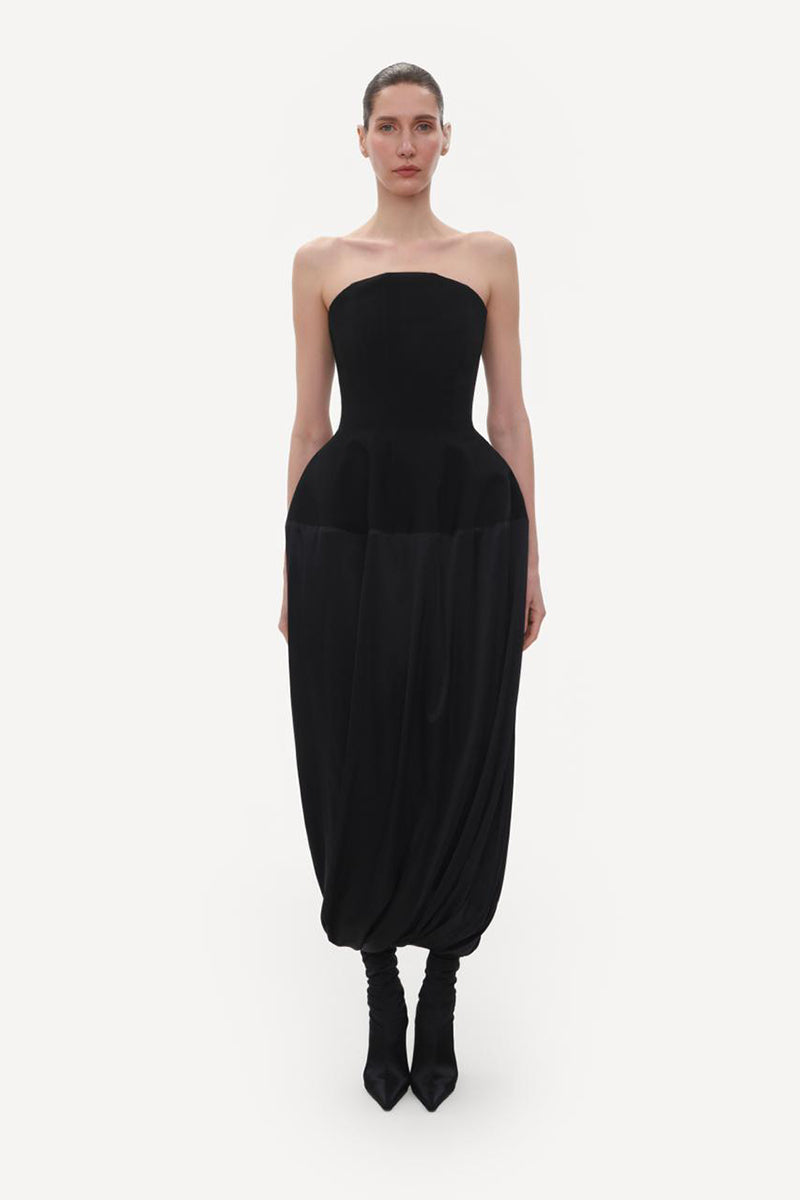 BLACK WOOL BUSTIER MIDI DRESS WITH SILK
SKIRT