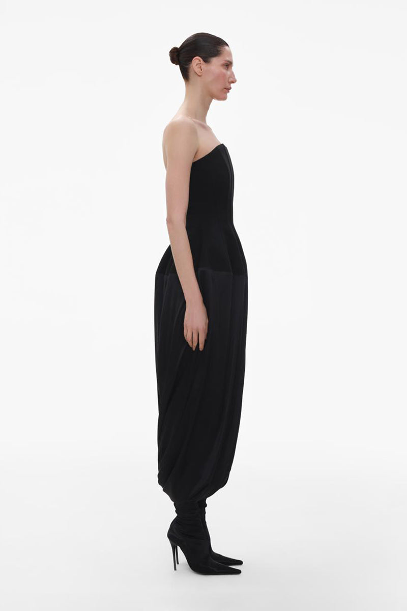 BLACK WOOL BUSTIER MIDI DRESS WITH SILK
SKIRT