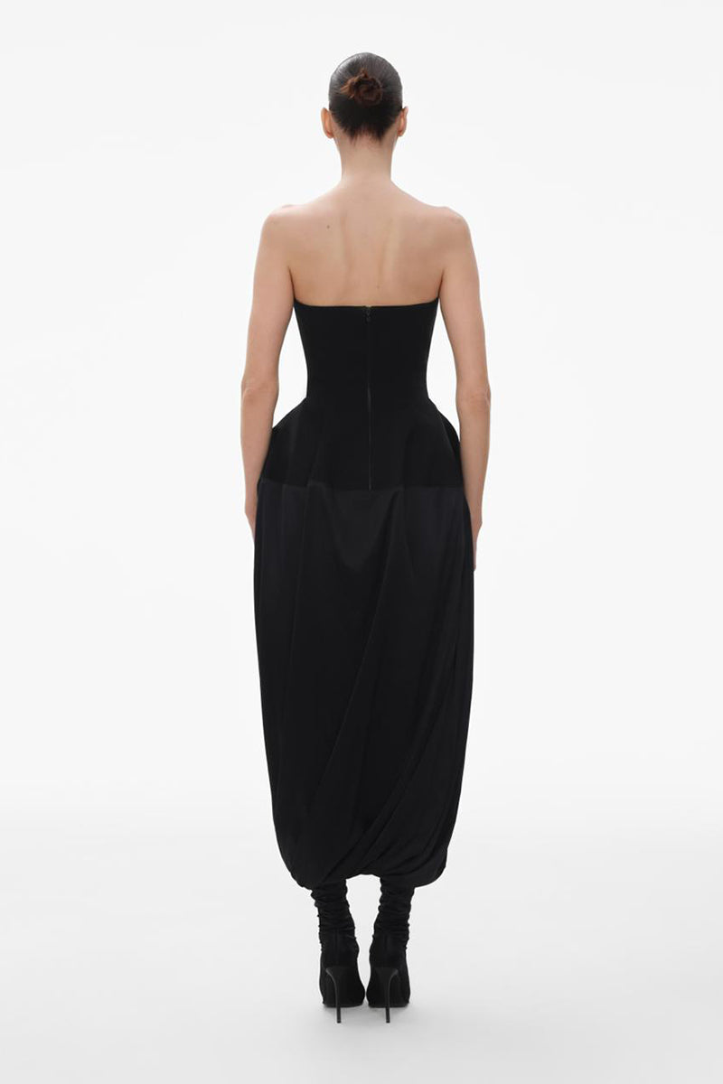 BLACK WOOL BUSTIER MIDI DRESS WITH SILK
SKIRT