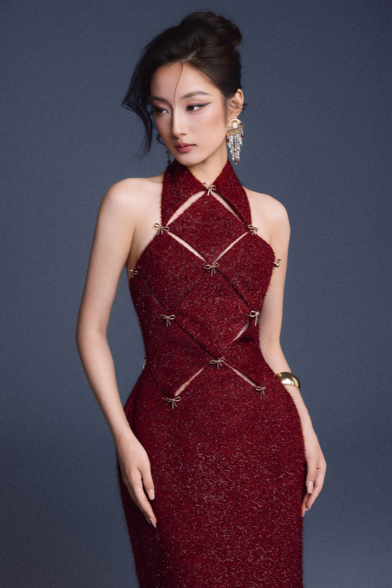 WINE RED CHECKERED CUT-OUT DRESS