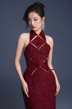 WINE RED CHECKERED CUT-OUT DRESS