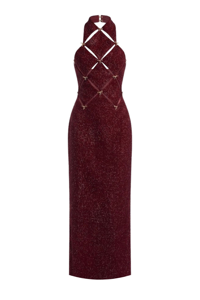WINE RED CHECKERED CUT-OUT DRESS
