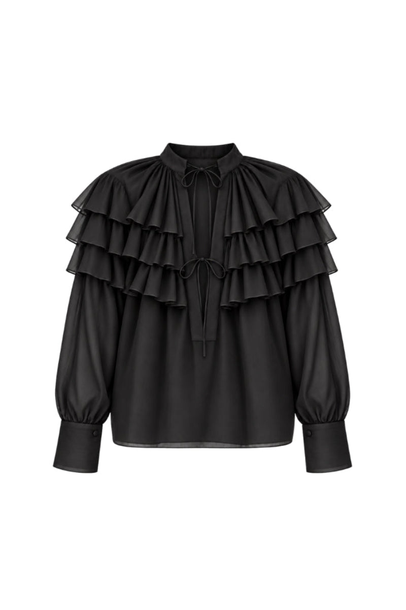 ANAIS COTTON RUFFLED SHIRT IN NOIR