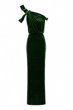 ISADORA GREEN ONE-SHOULDER VELVET COLUMN GOWN