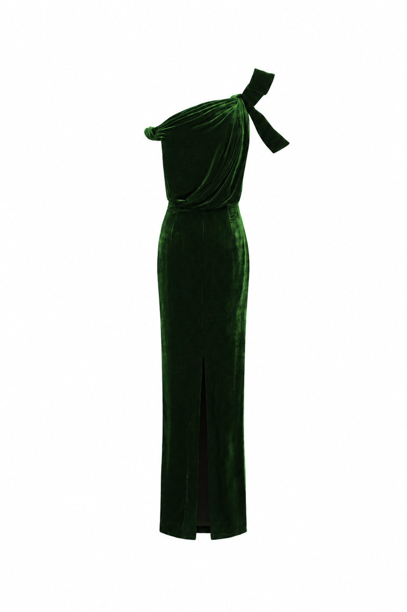 ISADORA GREEN ONE-SHOULDER VELVET COLUMN GOWN