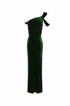 ISADORA GREEN ONE-SHOULDER VELVET COLUMN GOWN