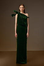 ISADORA GREEN ONE-SHOULDER VELVET COLUMN GOWN