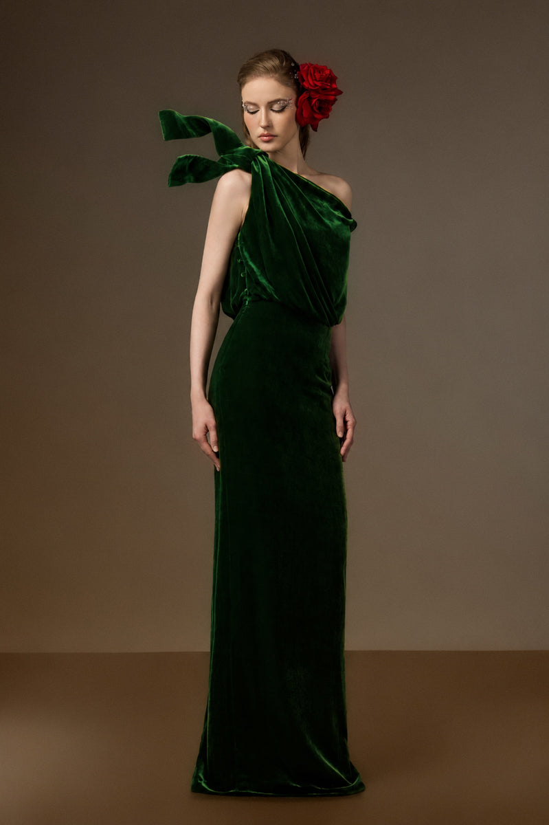 ISADORA GREEN ONE-SHOULDER VELVET COLUMN GOWN