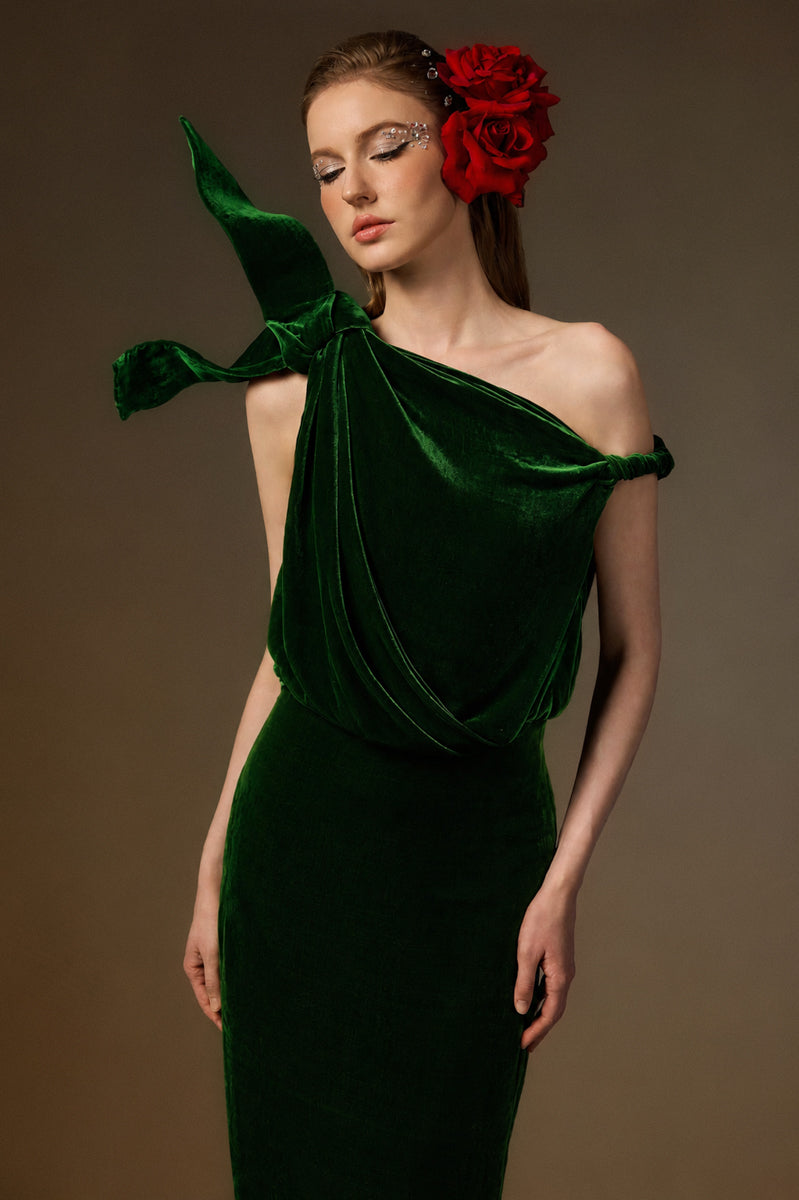 ISADORA GREEN ONE-SHOULDER VELVET COLUMN GOWN