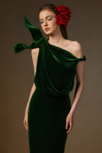 ISADORA GREEN ONE-SHOULDER VELVET COLUMN GOWN