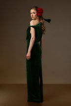 ISADORA GREEN ONE-SHOULDER VELVET COLUMN GOWN