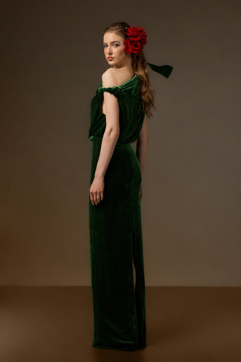 ISADORA GREEN ONE-SHOULDER VELVET COLUMN GOWN