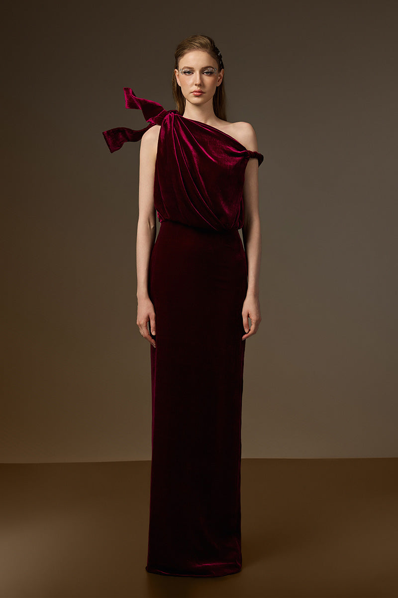ISADORA DARK PINK ONE-SHOULDER VELVET COLUMN GOWN